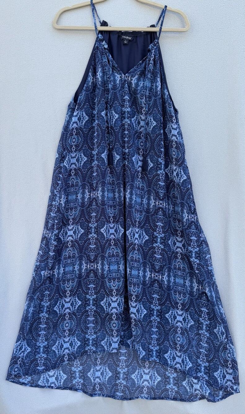 Lucky Brand Women’s Large Summer Blue Paisley Boho Halter Swing Dress Tassel L